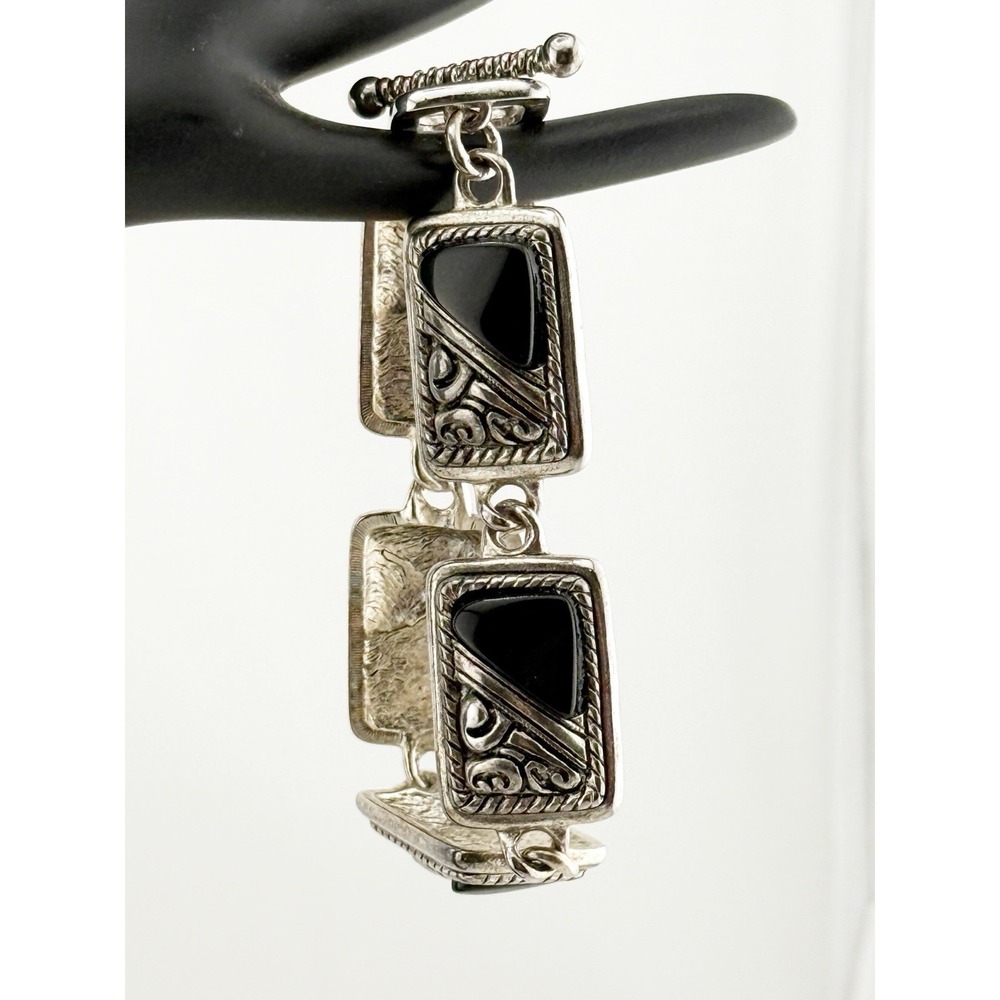 Premier Decisions Chesapeake Bracelet 1990's. Silver Plating, Black Onyx Panels